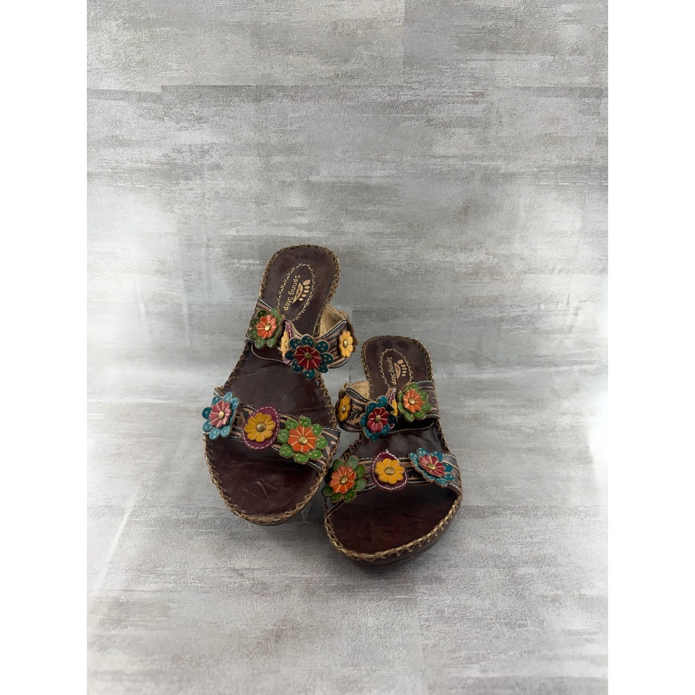 Spring Step Ambrosiada Brown Leather Floral Applique Slide Sandals Women EU 37